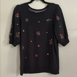 Knox Rose Floral Embroidered Black Short Sleeve Sweater